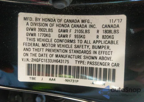 2018 Honda Civic Ex-T из США, поврежденный, VIN 2HGFC1E33JH643175